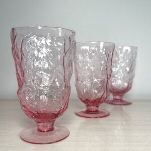 Seneca Driftwood Water Glasses Rose Pink Crinkle Bark Footed Retro THREE Vintage